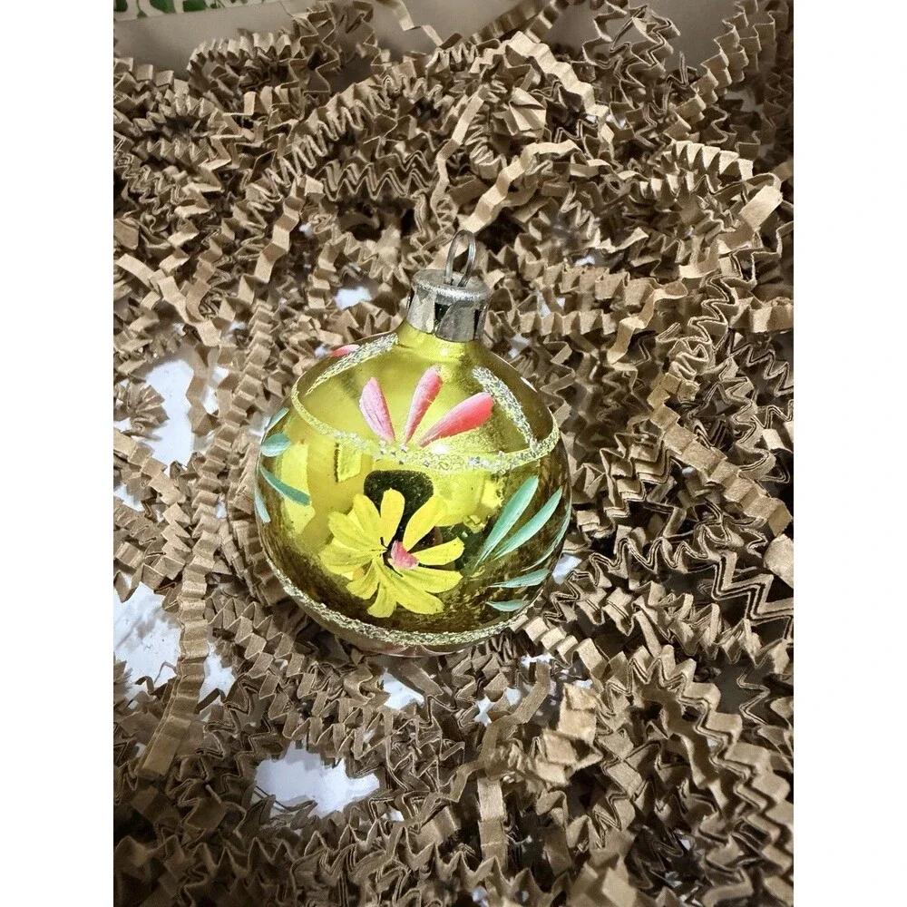 Vintage Ukrainian USSR Glass Christmas Ornament Fir Tree Hand Painted 2”